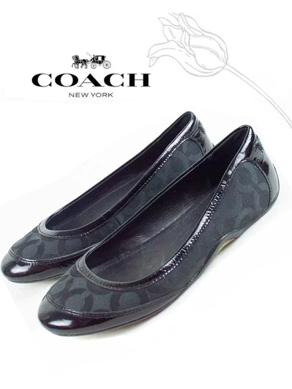 Coach Black Canvas True Patent Cap Toe Ballet Flats